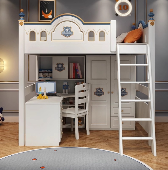 Bunk Bed With Stairs And Slide - Kinderzimmer Prinzessinnen-Holzschloss Doppelstockbett-Design mit Treppe und
