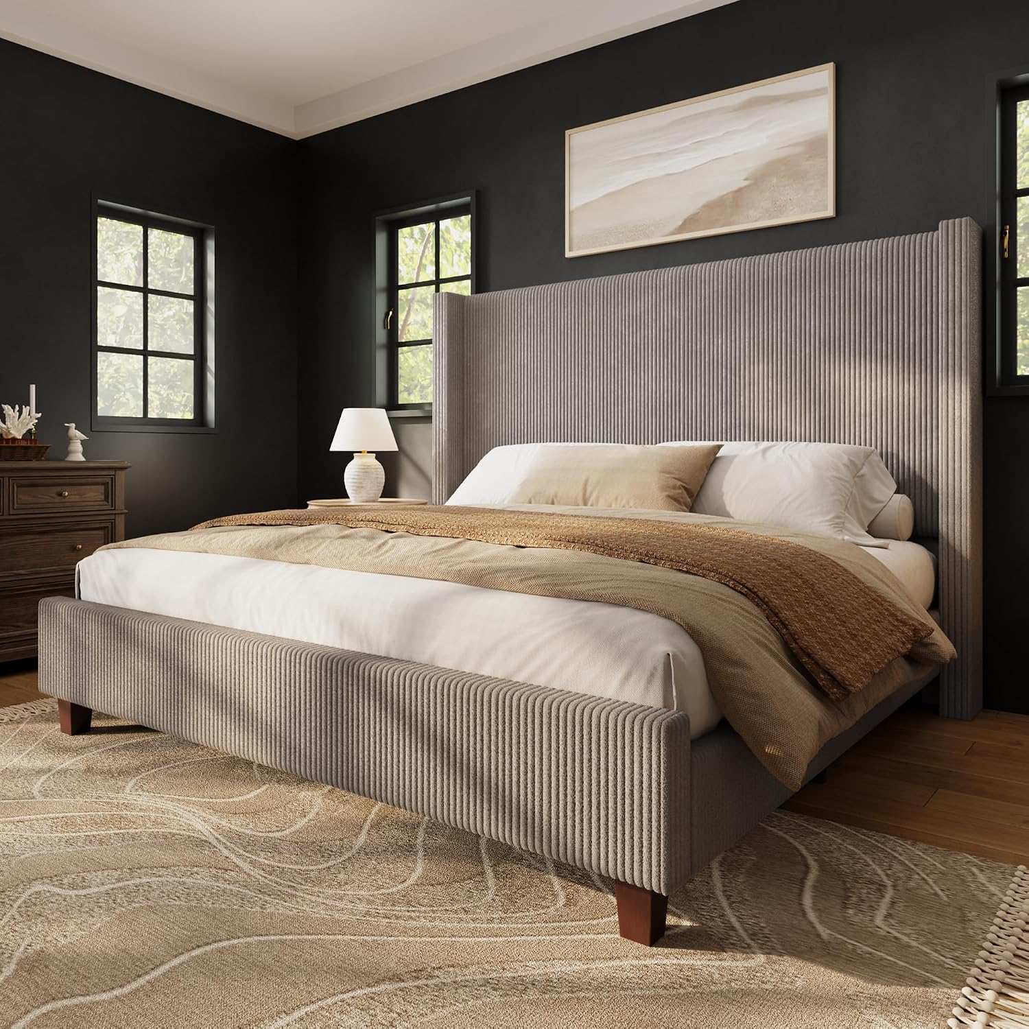 Canopy Bed Frame Metal Queen - Queen-Size-Bettgestell mit 50,8 Zoll großem Corduroy-Flügelkopfteil,