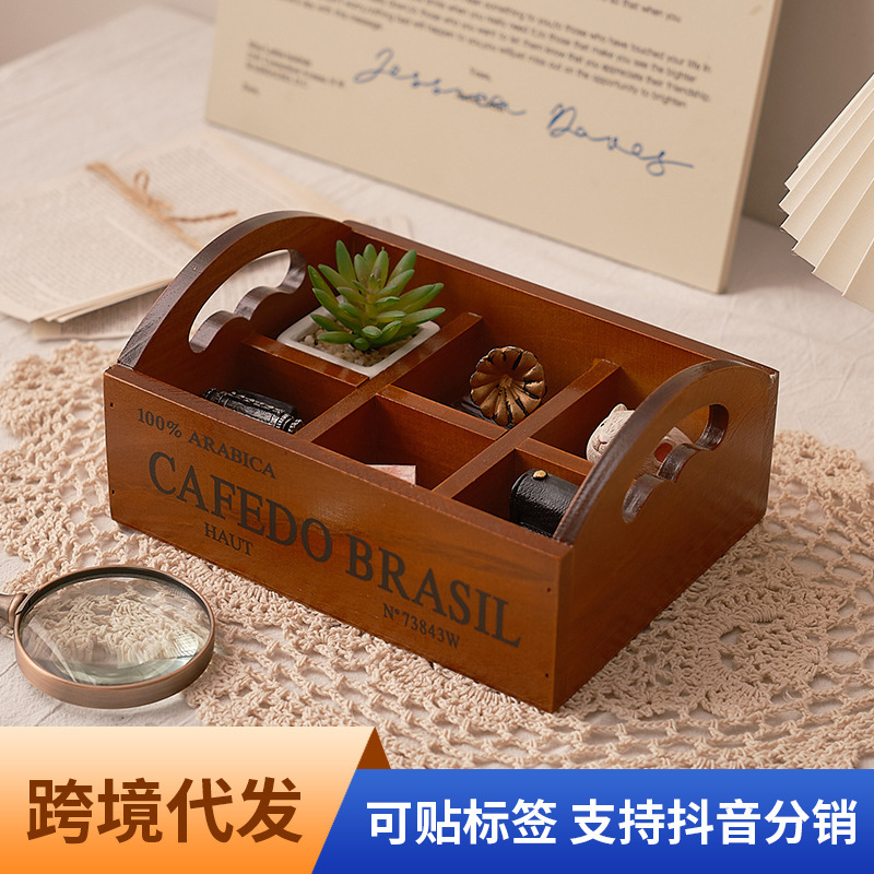 Storage - Zakka Retro-Holzbox mit sechs Fächern, tragbare