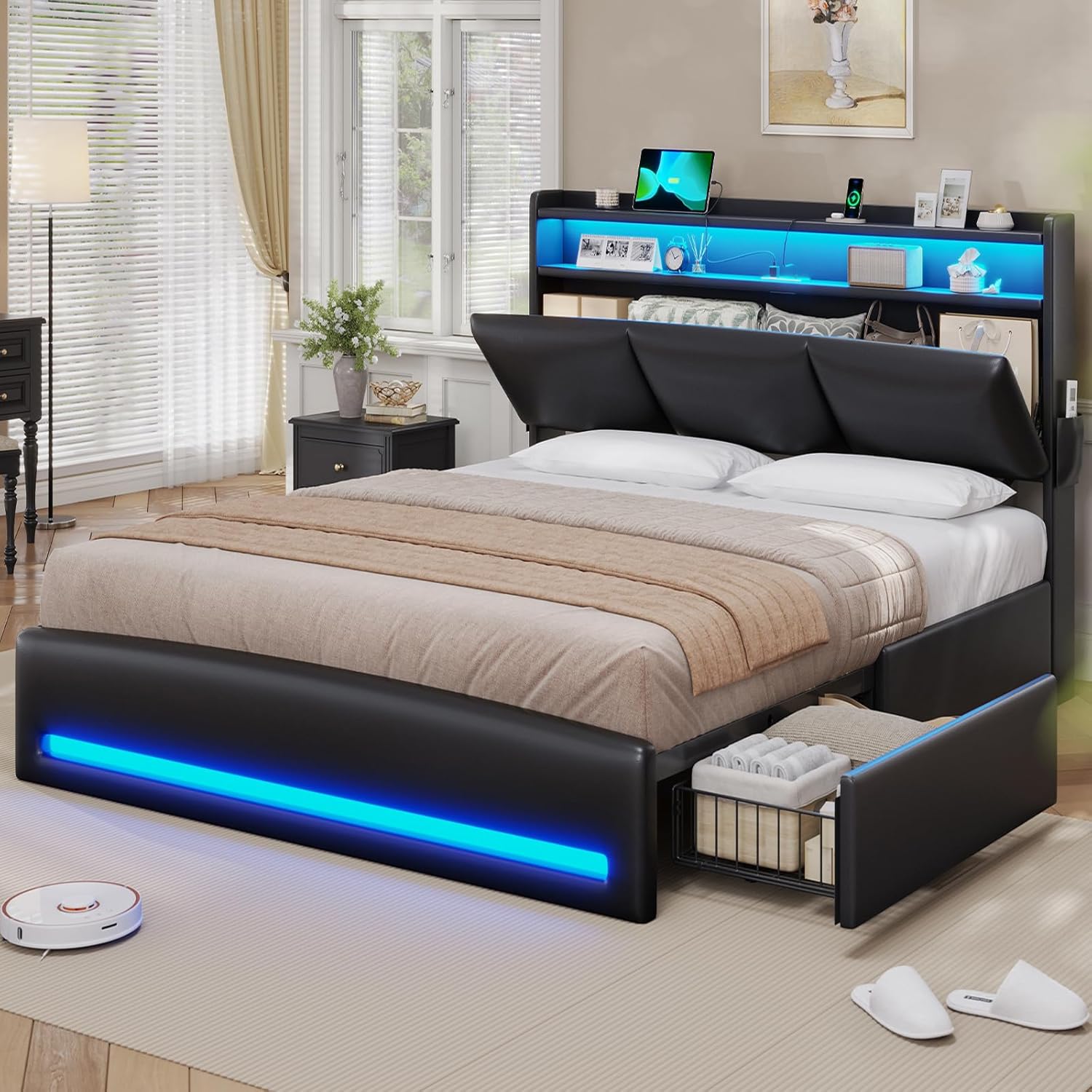 Canopy Bed Frame Metal Queen - Queensize-Bettgestell mit Stauraum im Kopfteil und