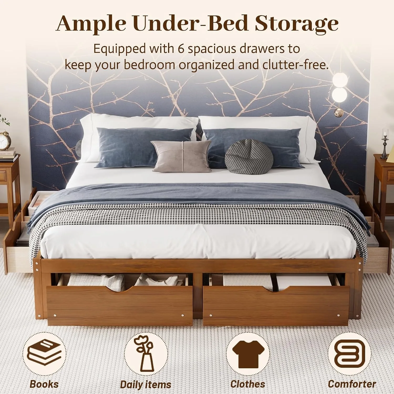 King Size Bed Frame With Storage Drawers - Minimalistisches Bettgestell aus Kiefernholz, 6 Schubladen