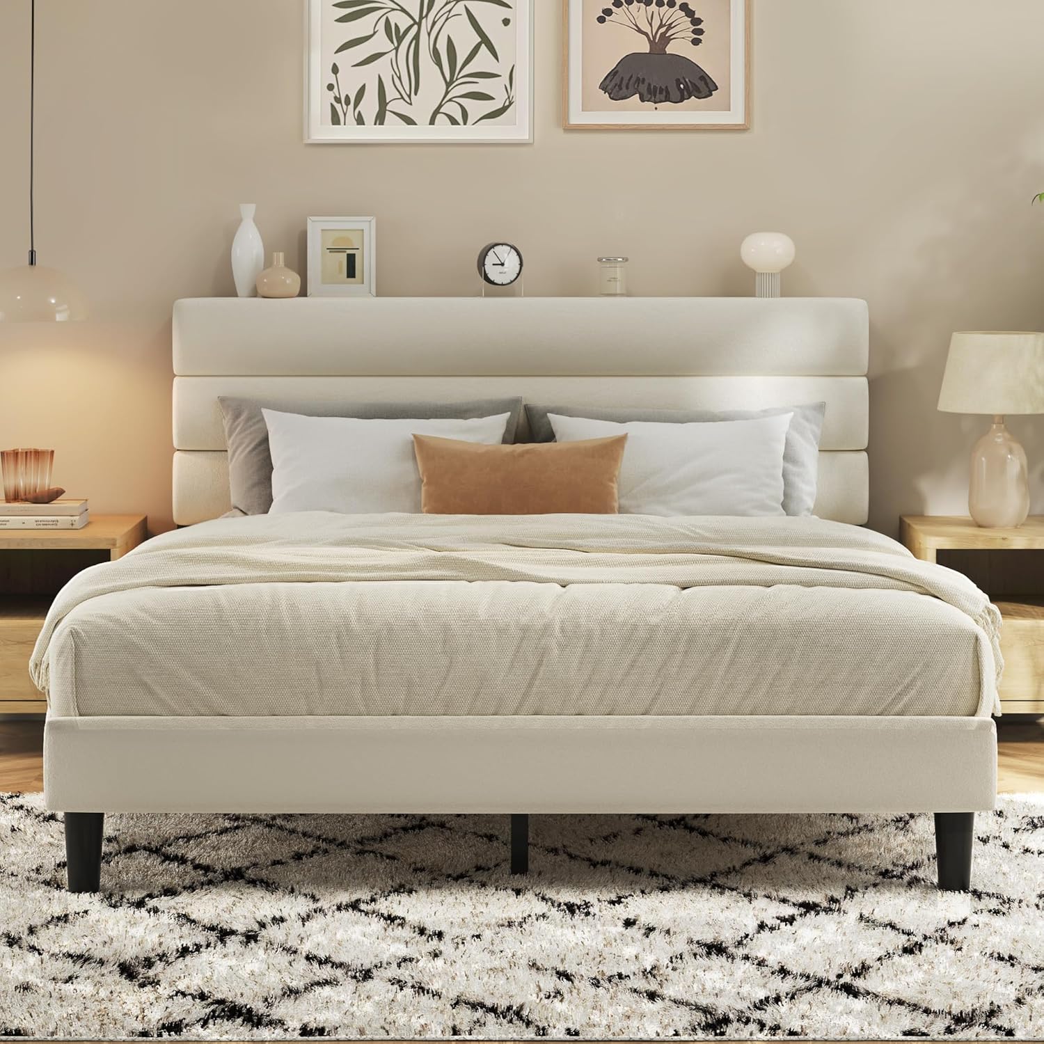 Canopy Bed Frame Metal Queen - Queen-Size-Plattformbettgestell mit samtbezogenem Kopfteil, kein Boxspringbett