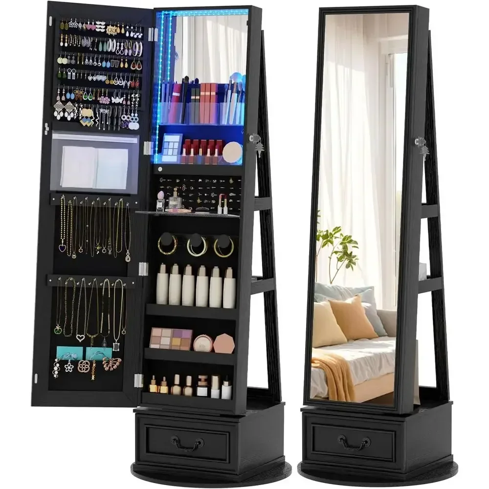 Full Length Mirror Jewelry Armoire - 360 ° Drehbarer, abschließbarer Schmuckschrank mit