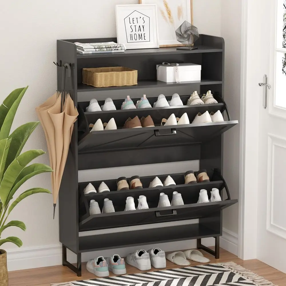 Shoe Rack Cabinet Narrow Entryway - Schmaler Schuhschrank mit Haken, Offene Aufbewahrung