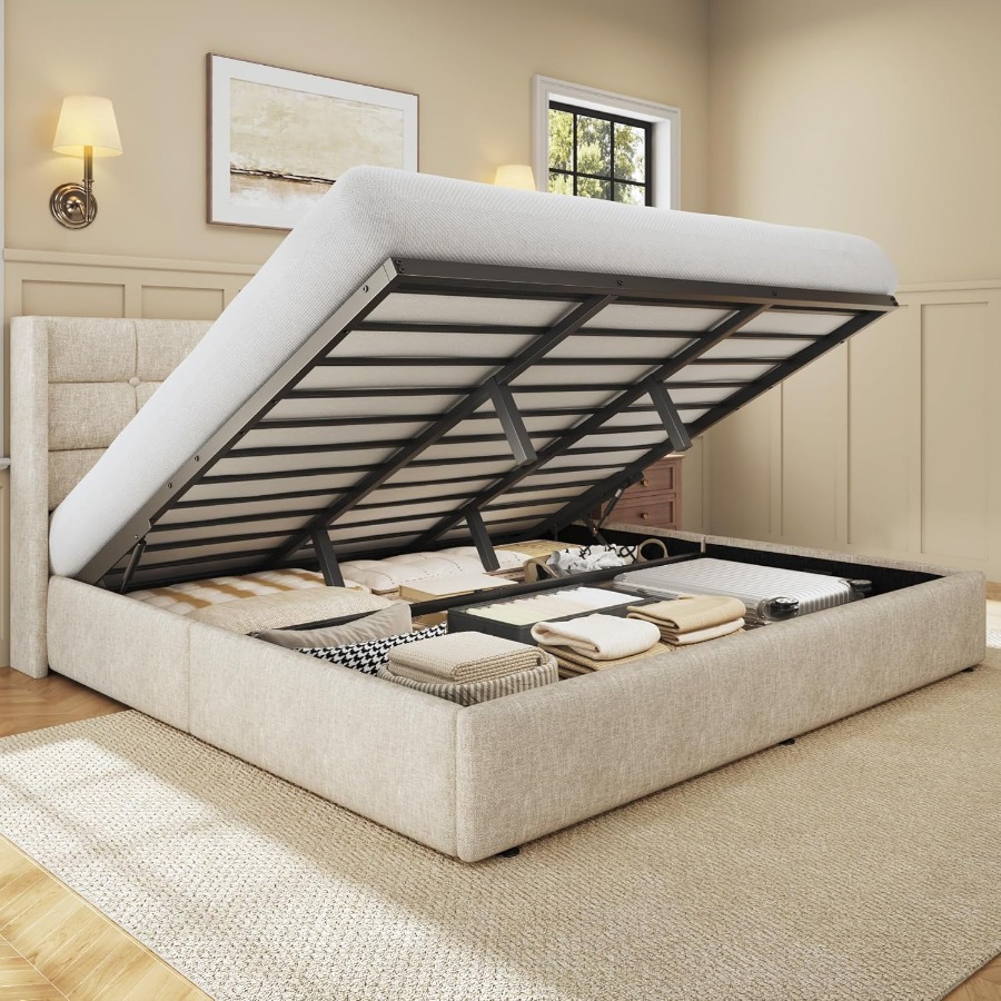 Gas Lift Storage Bed Hydraulic - Bettgestell mit Aufbewahrungsfunktion, Plattformbett mit Leinenbezug