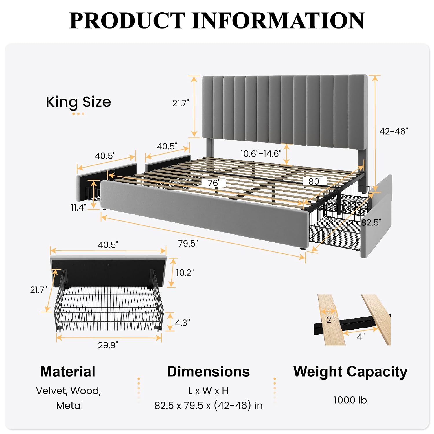 King-Size-Bettgestell mit 4 üb – King Size Bed Frame With Storage Drawers Bewertung und Preis