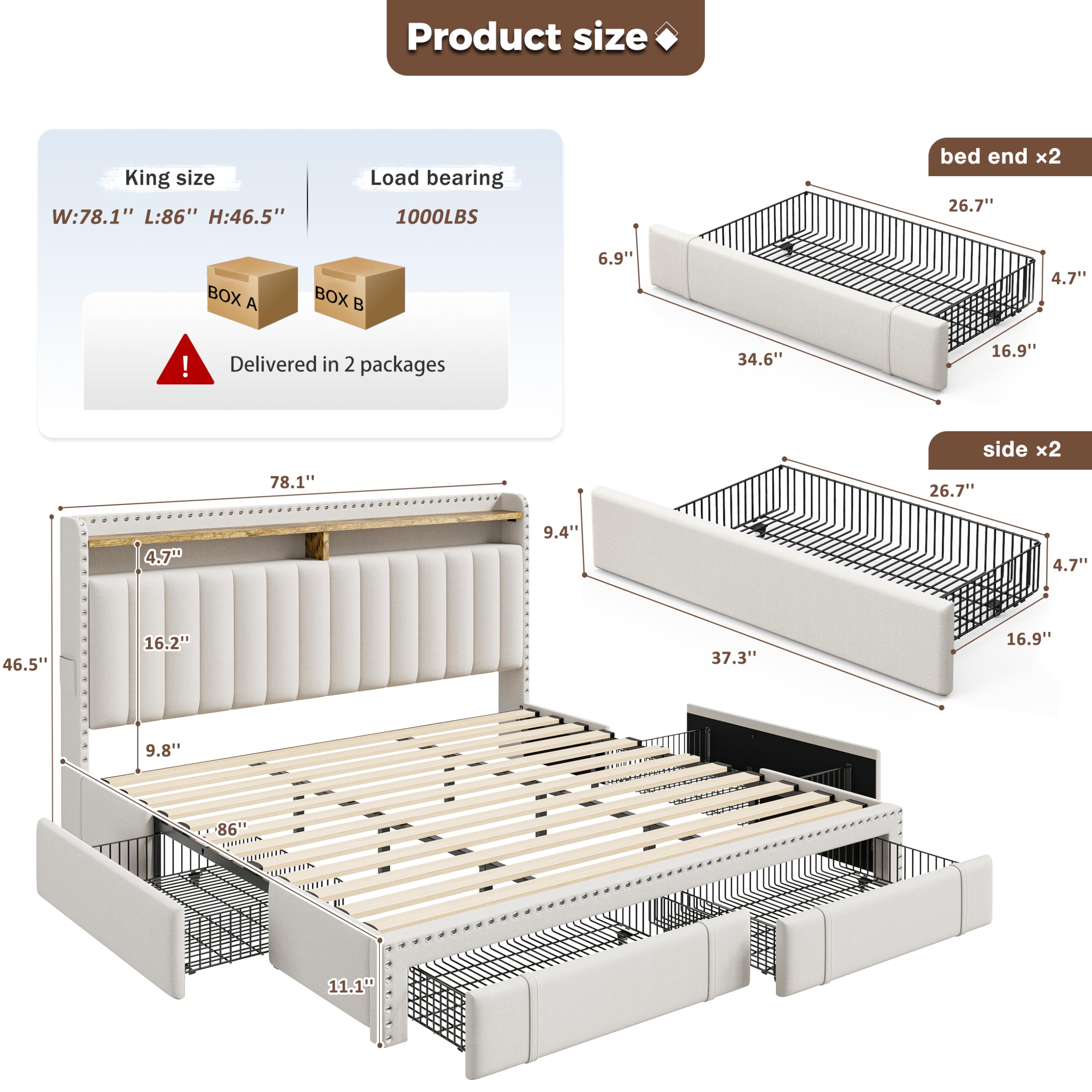 Bettgestell in Kingsize mit 4  – King Size Bed Frame With Storage Drawers Bewertung und Preis